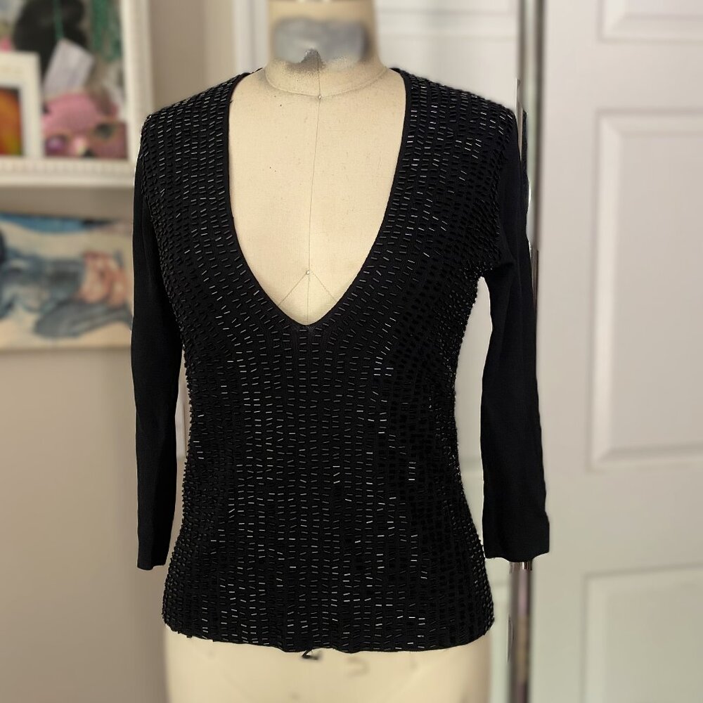 ZARA Black Beaded sequined V-neck 3/4 Sleeve Knit Shirt Blouse *SMALL*  NWT